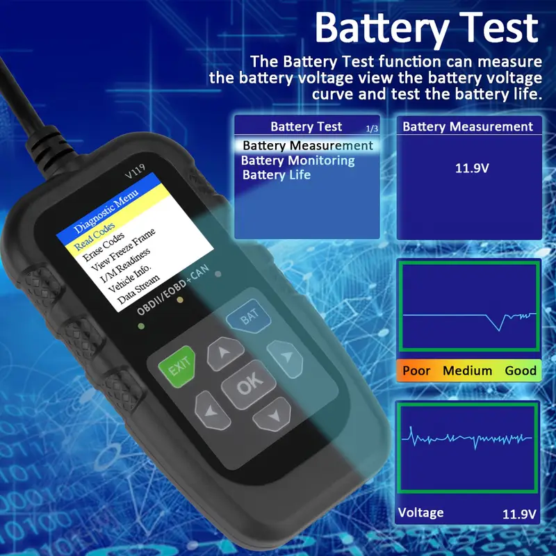 V119 OBD2 Scanner Code Reader  - Power Supply Tester review and price